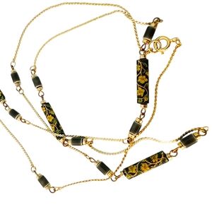 Vintage Dainty Necklace Art Glass Bead Necklace Hand Painted Flowers Gold Yellow
